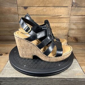 Born Womens Size 9M Lenore Leather Platform Wedge Sandal Black Shoes Open Toe